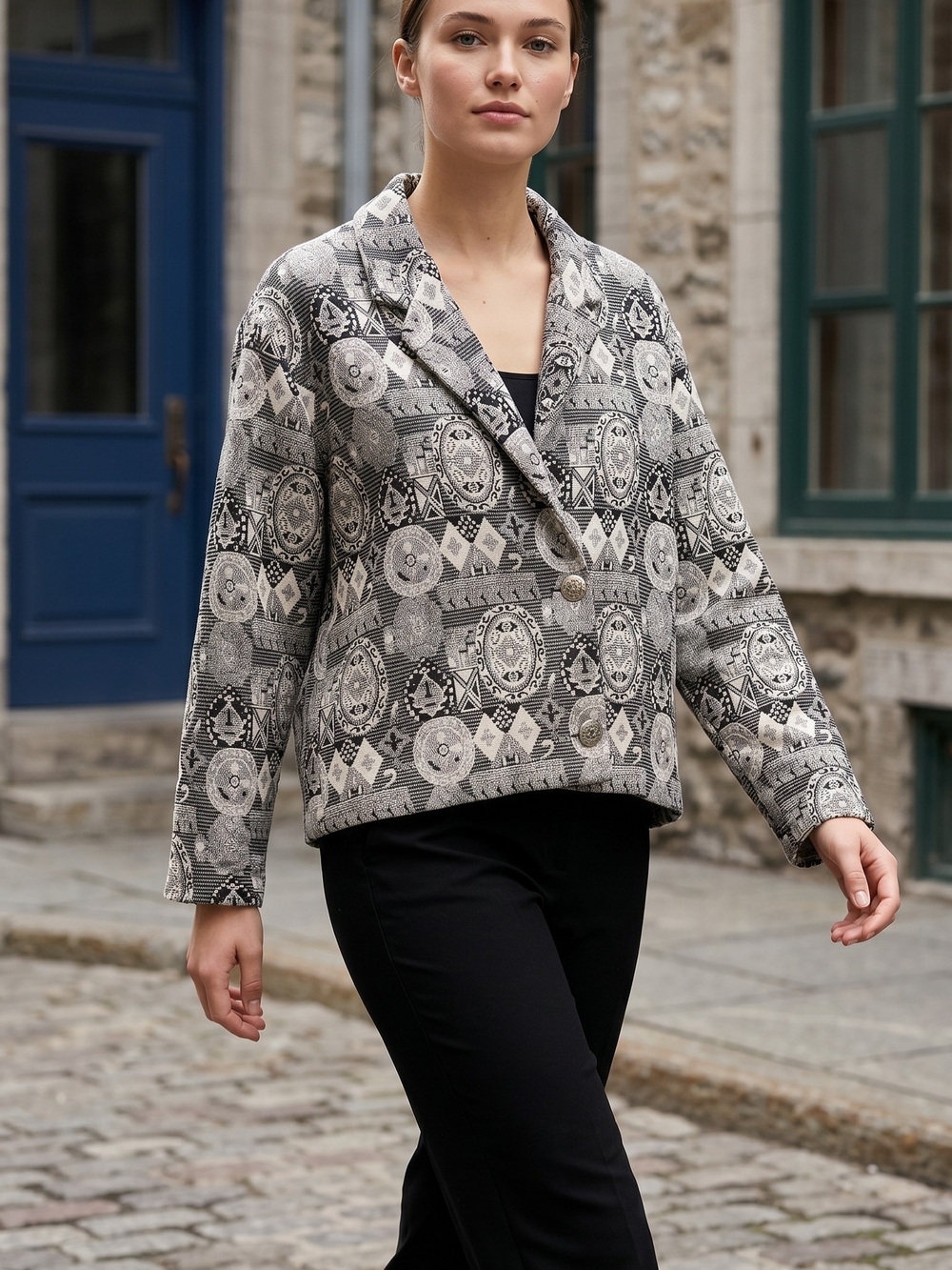 Vintage Chico's Gray Geometric Notched-Collar Tapestry Jacket Lagenlook Size XL
